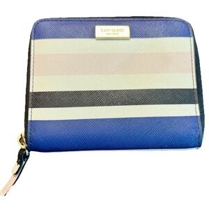 Kate Spade New York Laurel Way Darci Striped Tri Blue Pink White Zipped Wallet